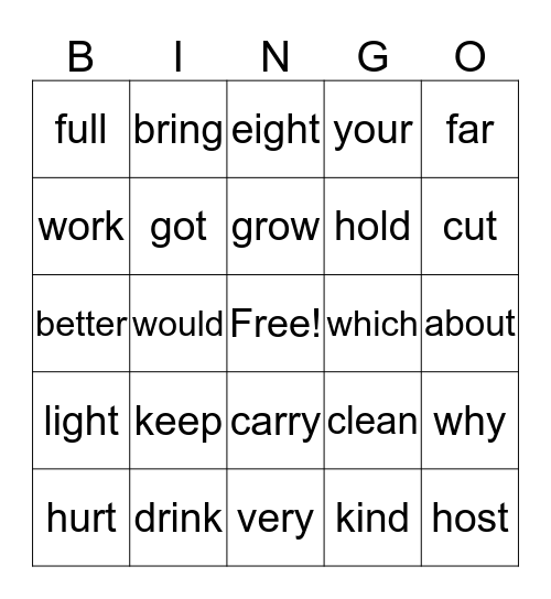Sight Words Bingo Card