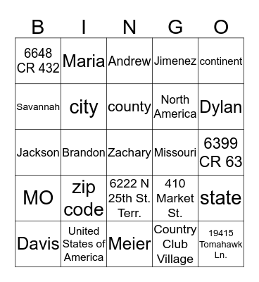 Personal Information BINGO Card