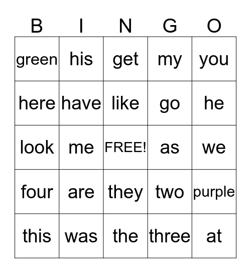 Sight Word Bingo Card
