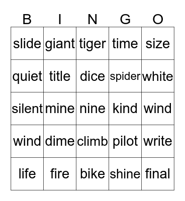 Long I Bingo Card