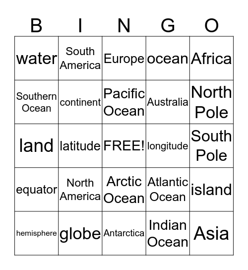 Continents and Oceans Bingo Card
