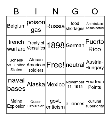 Imperialism and World War I Bingo Card