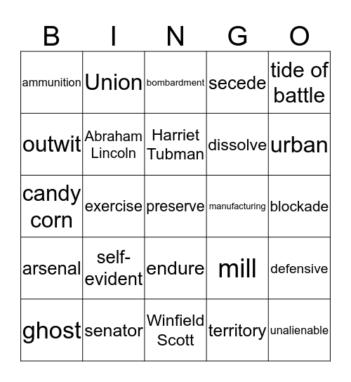 Civil War Bingo 1-12 Bingo Card