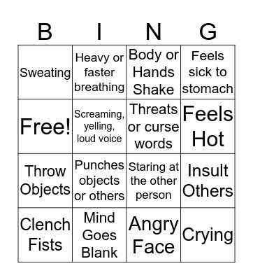 Anger Warning Signs Bingo Card