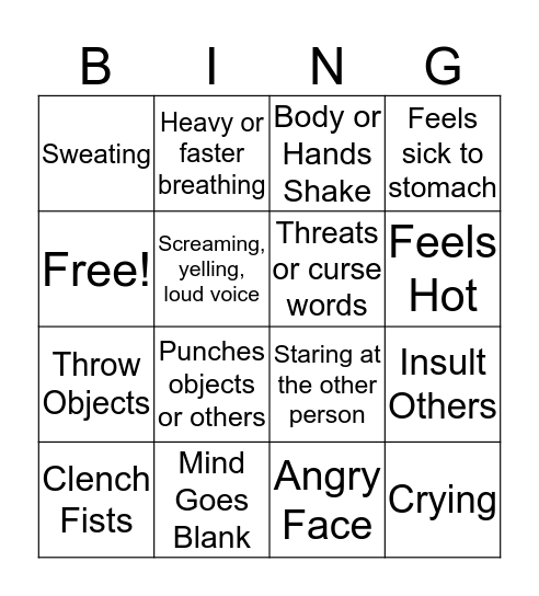Anger Warning Signs Bingo Card