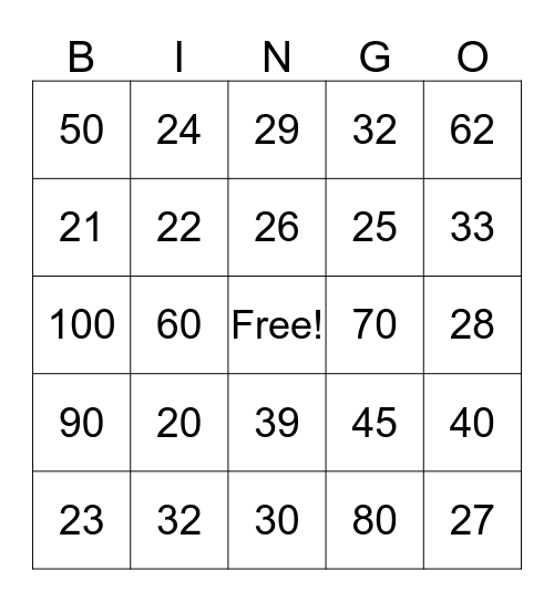 Number Bingo  Bingo Card