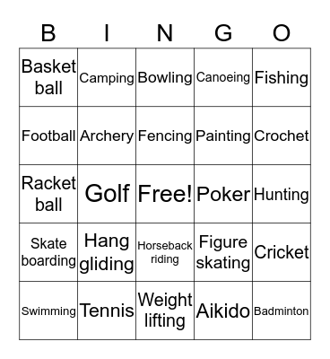 Leisure Bingo  Bingo Card