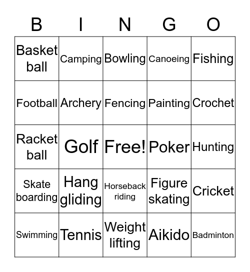 Leisure Bingo  Bingo Card