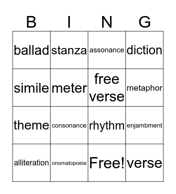 Poetry: Know the Lingo Bingo Card