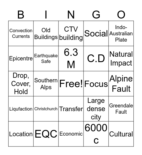 Christchurch Earthquakes Bingo Card