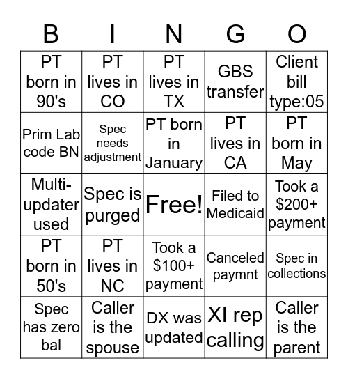 Patient Billing Bingo Card