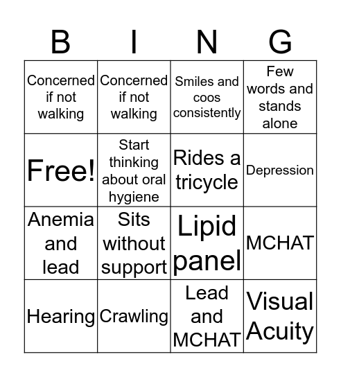 Screening and Development Bingo Card