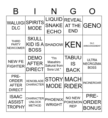 11.1.2018 Nintendo Smash Direct Bino Bingo Card