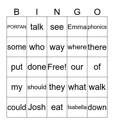 Isabella's English Practice BINGO Card