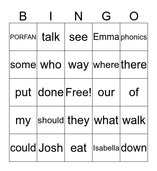 Isabella's English Practice BINGO Card