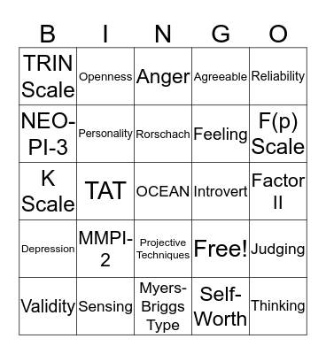 Appraisal of Personality Bingo Card