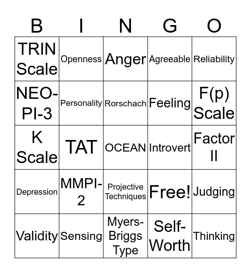 Appraisal of Personality Bingo Card