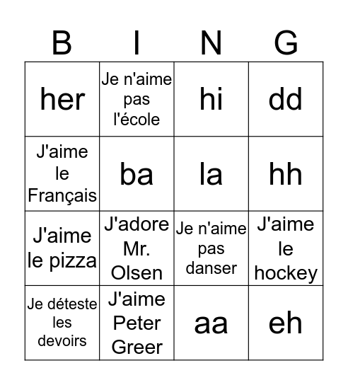 J'aime J'adore Je déteste!  Bingo Card