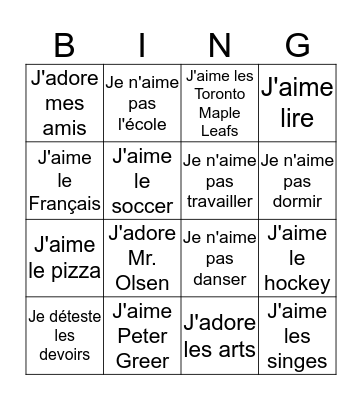 J'aime J'adore Je déteste!  Bingo Card