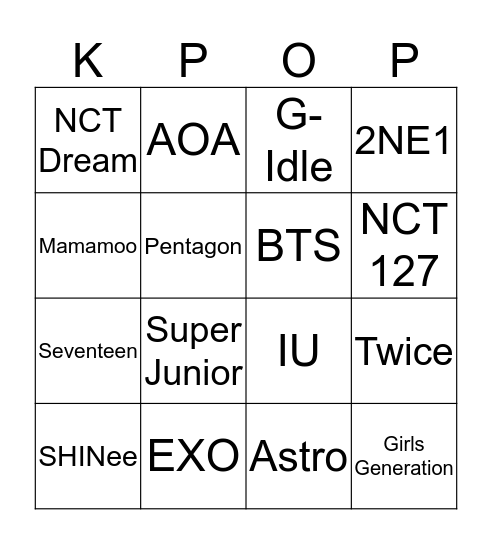 K-Pop Bingo Card