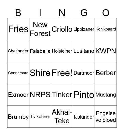 Paardenrassen Bingo Card