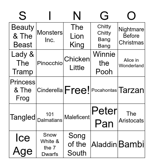 Disney Movies Bingo Card