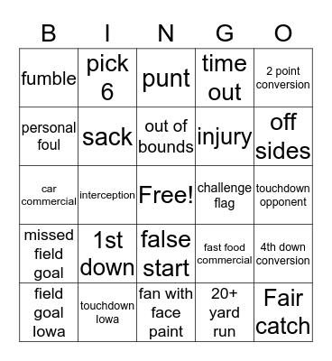 Iowa Hawkeye Bingo Card