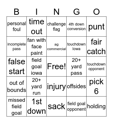 Iowa Hawkeye Bingo Card