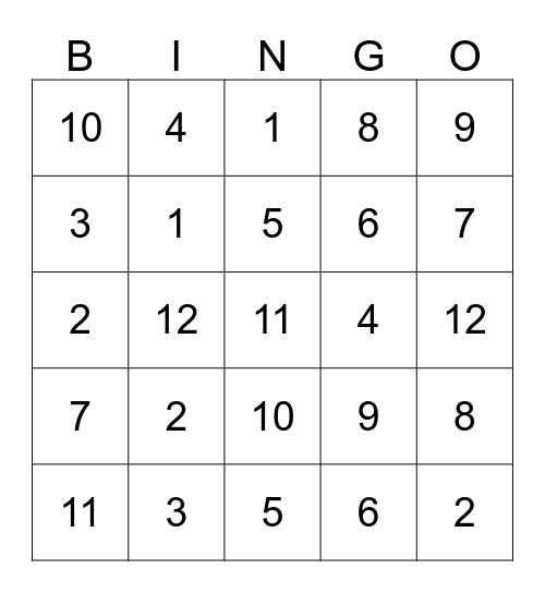 Dice 2-12 Bingo Card