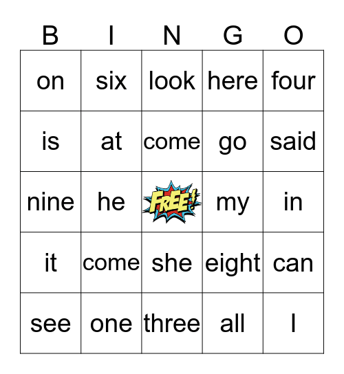 Sight Word Bingo Card