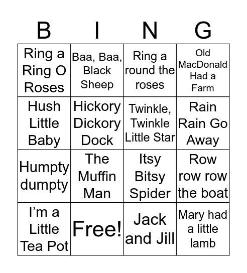 Nursery Rhymes  Bingo Card