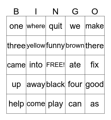 sight words Bingo Card