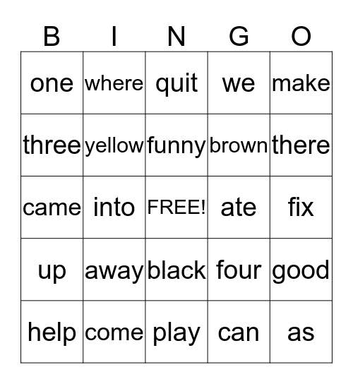 sight words Bingo Card