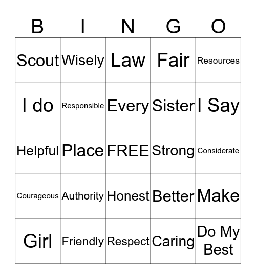 The Girl Scout Law Bingo Card