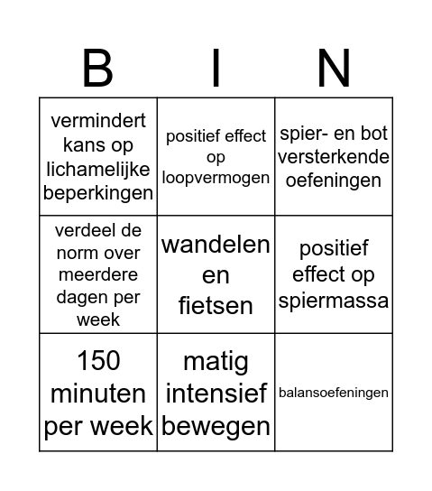 Bingo beweegrichtlijnen Bingo Card