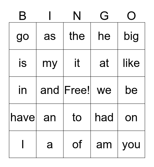 Sight Word Bingo Card