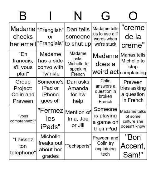 La Classe de Francais 4 Bingo Card