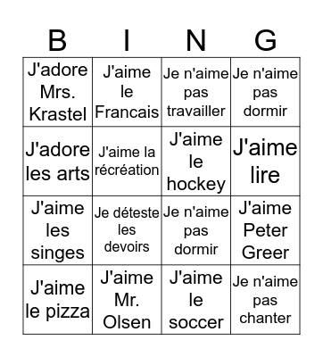 J'aime J'adore Je déteste!  Bingo Card