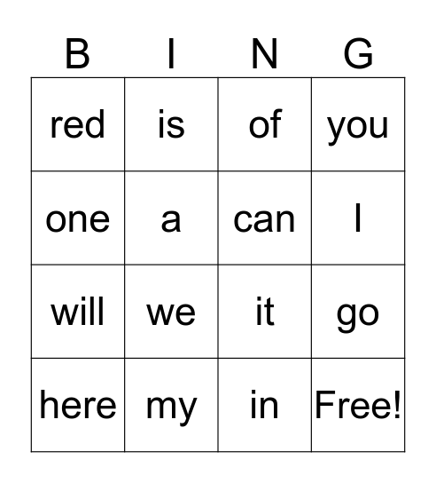 Sight Word Bingo Card