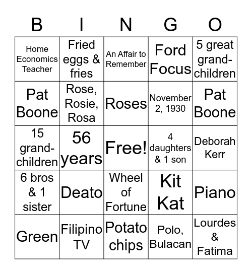 Fun Facts about Rosa Bingo Card
