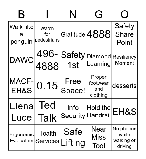 4Q18 Safety BINGO Card