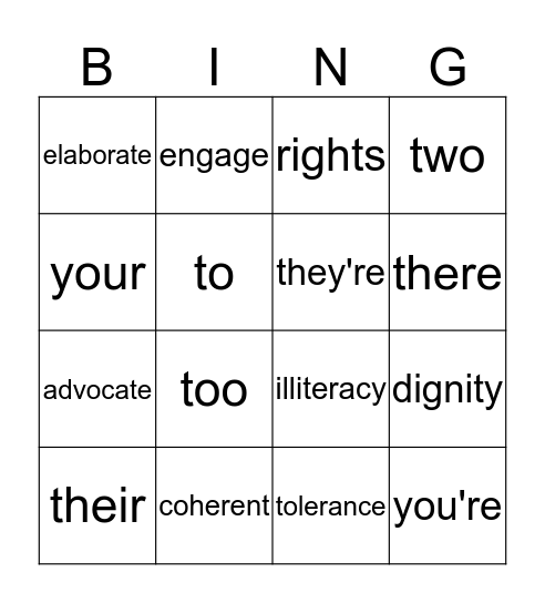 Unit 3 Vocabulary Bingo Card