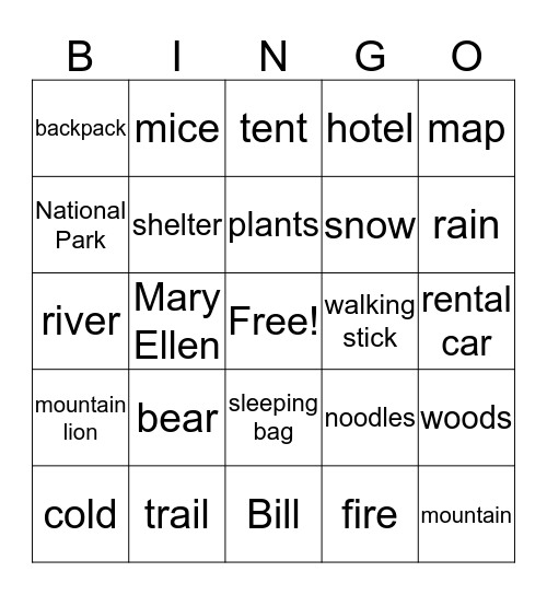 A Walk in the Woods BINGO Card