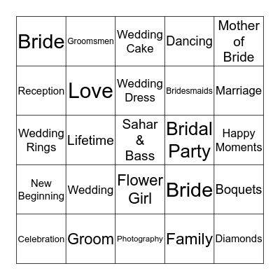 Sahar's Bridal Shower Bingo Card
