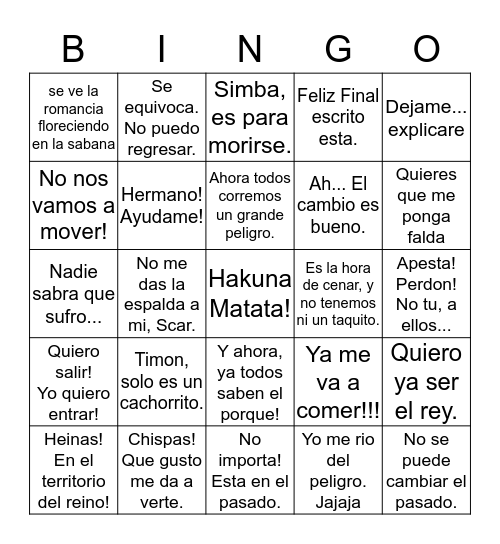 BINGO El Rey Leon Bingo Card