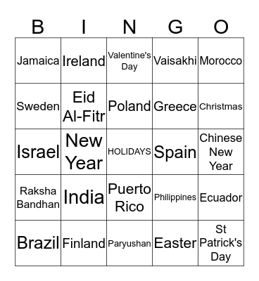 Holidays Around The World  Bingo Card