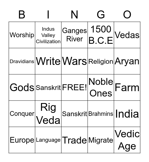 Indo-Aryans, Dravidians, Vedic Age Bingo Card