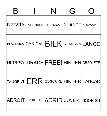 Vocabulary Bingo Card