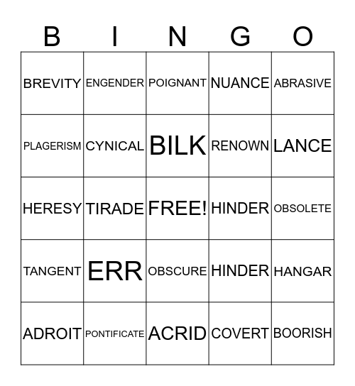 Vocabulary Bingo Card