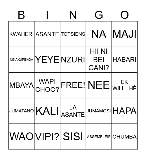 SWAHILI BINGO Card